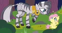 Size: 1024x544 | Tagged: safe, artist:maliceintheabyss, imported from derpibooru, fluttershy, zecora, pegasus, pony, zebra, alternate universe, base used, blank flank, crying, deviantart watermark, duo, female, filly, filly fluttershy, messy mane, obtrusive watermark, torn ear, watermark, younger