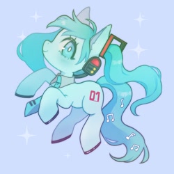 Size: 1200x1200 | Tagged: safe, artist:rosetintedart_, imported from derpibooru, kotobukiya, pony, anime, colored hooves, ear fluff, hatsune miku, headphones, kotobukiya hatsune miku pony, music notes, necktie, ponified, simple background, sparkles, vocaloid, white pupils