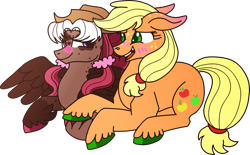 Size: 1289x799 | Tagged: safe, artist:musical-medic, imported from derpibooru, applejack, oc, pegasus, pony, blushing, canon x oc, female, lesbian, lying down, mare, prone, shipping, simple background, tooth gap, transparent background, unshorn fetlocks