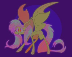 Size: 2048x1612 | Tagged: safe, artist:offbrandmage, imported from derpibooru, fluttershy, bat pony, pony, bat ears, bat ponified, bat wings, colored hooves, fangs, filter, flutterbat, open mouth, race swap, simple background, wings