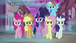 Size: 1280x720 | Tagged: safe, imported from derpibooru, screencap, applejack, fluttershy, pinkie pie, rainbow dash, rarity, twilight sparkle, alicorn, earth pony, pegasus, pony, unicorn, season 6, to where and back again, balloon, evil applejack, evil fluttershy, evil mane six, evil pinkie pie, evil rainbow dash, evil rarity, evil twilight, mane six, nightmare, our town, party balloon, twilight sparkle (alicorn)