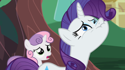 Size: 1280x720 | Tagged: safe, artist:rarityvrymercollectiveoriginals, artist:rarityvrymerzhmusic, editor:rarity vrymer collective, imported from derpibooru, screencap, rarity, sweetie belle, season 2, sisterhooves social, derp, faic, female, scrunchy face, snickering