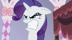 Size: 1280x720 | Tagged: safe, artist:rarityvrymercollectiveoriginals, artist:rarityvrymerzhmusic, editor:rarity vrymer collective, imported from derpibooru, screencap, rarity, season 2, sisterhooves social, angry, carousel boutique, female, gritted teeth