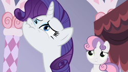 Size: 1280x720 | Tagged: safe, artist:rarityvrymercollectiveoriginals, artist:rarityvrymerzhmusic, imported from derpibooru, screencap, rarity, sweetie belle, season 2, sisterhooves social, carousel boutique, derp, faic, female