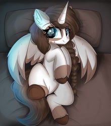 Size: 960x1093 | Tagged: safe, artist:janelearts, imported from derpibooru, oc, oc only, alicorn, pony, bed, female, mare, solo, underhoof