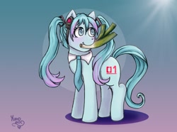 Size: 2856x2120 | Tagged: safe, artist:yumomochan, imported from derpibooru, kotobukiya, earth pony, pony, anime, colored sketch, female, gradient background, hatsune miku, headphones, herbivore, high res, ievan polkka, kotobukiya hatsune miku pony, leek, mare, mouth hold, necktie, ponified, solo, standing, vocaloid