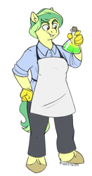 Size: 511x972 | Tagged: safe, artist:pigeorgien, imported from derpibooru, oc, oc only, oc:half-life, anthro, earth pony, apron, chemicals, clothes, female, hand on hip, mare, pants, shirt, solo, unshorn fetlocks