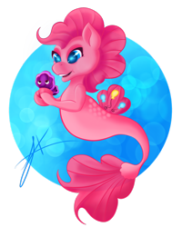 Size: 2190x2738 | Tagged: safe, artist:xenyu, imported from derpibooru, pinkie pie, earth pony, pony, seapony (g4), blue eyes, bubble, dorsal fin, female, fish tail, high res, ocean, open mouth, seaponified, seapony pinkie pie, seashell, signature, simple background, smiling, solo, species swap, tail, underwater, water