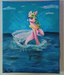 Size: 480x560 | Tagged: safe, artist:lionbun, artist:lionbun1, imported from derpibooru, princess celestia, pony, seapony (g4), canvas, clothes, cloud, collar, crown, female, fin wings, fish tail, flowing tail, hoof shoes, horn, jewelry, multicolored hair, ocean, oil painting, purple eyes, regalia, sealestia, seaponified, seapony celestia, see-through, sky, smiling, solo, species swap, sunlight, tail, traditional art, water, wings