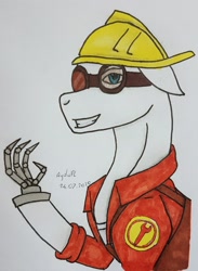 Size: 1997x2726 | Tagged: safe, artist:agdapl, imported from derpibooru, earth pony, pony, amputee, bust, clothes, crossover, engineer, goggles, grin, gunslinger (tf2), hard hat, helmet, hoof hold, male, ponified, prosthetic limb, prosthetics, signature, smiling, solo, species swap, stallion, team fortress 2, traditional art