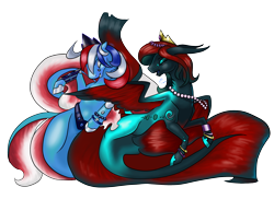 Size: 2339x1700 | Tagged: safe, artist:dragonademetal, imported from derpibooru, oc, oc only, seapony (g4), colored pupils, crown, dorsal fin, eyes closed, female, fins, fish tail, flowing mane, flowing tail, hoof shoes, jewelry, multicolored hair, necklace, open mouth, pearl necklace, regalia, signature, simple background, smiling, spread wings, tail, transparent background, wings