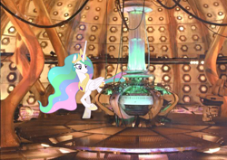 Size: 664x470 | Tagged: safe, artist:slabs37, edit, edited screencap, imported from derpibooru, screencap, princess celestia, alicorn, pony, doctor who, female, mare, photoshop, solo, tardis, tardis console room, tardis control room, xk-class end-of-the-universe scenario