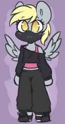 Size: 1264x2400 | Tagged: safe, artist:sakukitty, imported from derpibooru, part of a set, derpy hooves, pegasus, semi-anthro, clothes, face mask, mask, no pupils, off shoulder, off shoulder sweater, pants, solo, spread wings, sweater, sweatpants, tanktop, wings