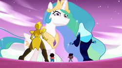 Size: 1280x720 | Tagged: safe, artist:slabs37, edit, edited screencap, imported from derpibooru, screencap, princess celestia, alicorn, human, pony, blue diamond (steven universe), connie maheswaran, gem, gem (race), giant pony, glare, macro, photoshop, steven quartz universe, steven universe, yellow diamond (steven universe)