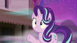 Size: 1280x720 | Tagged: safe, imported from derpibooru, screencap, starlight glimmer, pony, unicorn, season 6, to where and back again, female, night, shocked, solo