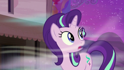 Size: 1280x720 | Tagged: safe, imported from derpibooru, screencap, starlight glimmer, pony, unicorn, season 6, to where and back again, female, night, shocked, solo, wind