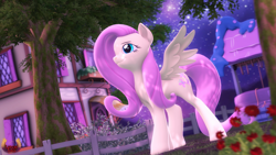 Size: 3840x2160 | Tagged: safe, artist:loveslove, imported from derpibooru, fluttershy, pegasus, pony, 3d, female, fence, flower, high res, night, outdoors, ponyville, smiling, solo, source filmmaker, stars, tree, well, wings