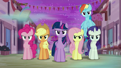 Size: 1280x720 | Tagged: safe, imported from derpibooru, screencap, applejack, fluttershy, pinkie pie, rainbow dash, rarity, twilight sparkle, alicorn, earth pony, pegasus, pony, unicorn, to where and back again, angry, applejack is not amused, applejack's hat, cowboy hat, evil applejack, evil fluttershy, evil mane six, evil pinkie pie, evil rainbow dash, evil rarity, evil twilight, fluttershy is not amused, hat, mane six, night, pinkie pie is not amused, rainbow dash is not amused, rarity is not amused, twilight is not amused, twilight sparkle (alicorn), twilight sparkle is not amused, unamused
