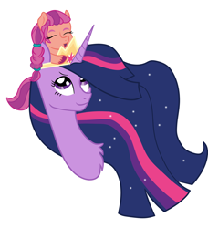 Size: 1800x1977 | Tagged: safe, artist:lemontea, imported from derpibooru, sunny starscout, twilight sparkle, alicorn, earth pony, pony, the last problem, braid, bust, crown, duo, ethereal mane, eyes closed, female, g5, jewelry, looking up, mare, older, older twilight, open mouth, portrait, princess twilight 2.0, regalia, simple background, sitting on head, smiling, starry mane, sunny and her heroine, twilight sparkle (alicorn), unshorn fetlocks, vector