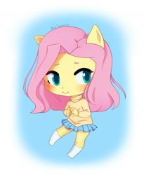 Size: 1296x1579 | Tagged: safe, artist:miss_squeorge, artist:misssqueorge, imported from derpibooru, part of a set, fluttershy, anthro, unguligrade anthro, ambiguous facial structure, blushing, chibi, clothes, colored pupils, cute, finger, kneesocks, looking sideways, shyabetes, skirt, smiling, socks, solo, sweater, sweatershy