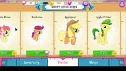 Size: 854x480 | Tagged: safe, imported from derpibooru, apple bloom, apple fritter, applejack, scootaloo, earth pony, pegasus, pony, app, apple family member, applejack's hat, bits, bow, cowboy hat, female, filly, game, gameloft, gem, hair bow, hat, heart, mountain, smiling, stars, store