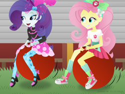 Size: 2816x2112 | Tagged: safe, artist:lavenderrain24, imported from derpibooru, fluttershy, rarity, human, equestria girls, clothes, converse, high res, shoes, space hopper