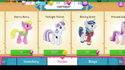 Size: 854x480 | Tagged: safe, imported from derpibooru, cherry berry, princess cadance, shining armor, twilight velvet, alicorn, earth pony, pony, unicorn, app, arrow, bits, clothes, colt, crystal, female, game, gameloft, gem, heart, jewelry, male, mare, minecart, regalia, smiling, stallion, stars, store, suit, tree, vest, winter wrap up vest