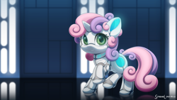 Size: 3200x1800 | Tagged: safe, artist:symbianl, imported from derpibooru, sweetie belle, oc, pony, robot, robot pony, cute, diasweetes, high res, solo, star wars, sweetie bot