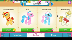 Size: 854x480 | Tagged: safe, imported from derpibooru, aloe, lotus blossom, masseuse pony, sunset shimmer, earth pony, pony, unicorn, app, arrow, bits, clothes, female, flower, game, gameloft, gem, heart, quake, siblings, sisters, smiling, spa twins, stars, suit, tree, twins