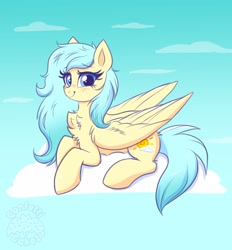 Size: 2252x2429 | Tagged: safe, artist:confetticakez, imported from derpibooru, oc, oc only, pegasus, pony, blushing, cloud, happy, high res, looking at you, lying down, lying on a cloud, on a cloud, smiling, solo