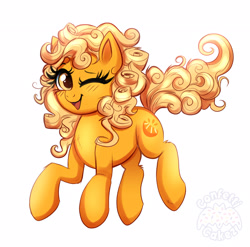 Size: 2606x2573 | Tagged: safe, artist:confetticakez, imported from derpibooru, oc, oc only, oc:orange delight, earth pony, pony, blushing, happy, high res, looking at you, one eye closed, smiling, solo, wink