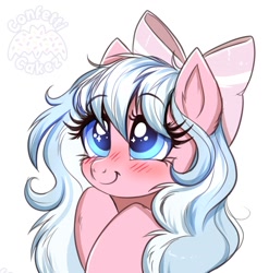 Size: 2124x2150 | Tagged: safe, artist:confetticakez, imported from derpibooru, oc, oc only, pony, blushing, bow, cute, hair bow, happy, high res, smiling, solo