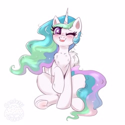 Size: 3000x3000 | Tagged: safe, artist:confetticakez, imported from derpibooru, princess celestia, oc, oc only, alicorn, pony, :p, ;p, blushing, chest fluff, cute, cutelestia, eyebrows, eyebrows visible through hair, female, frog (hoof), high res, looking at you, mare, one eye closed, raspberry, simple background, sitting, smiling, solo, tongue out, underhoof, white background, wink, winking at you