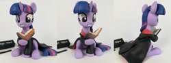 Size: 5184x1920 | Tagged: safe, artist:sparkle257, imported from derpibooru, twilight sparkle, pony, book, clothes, cosplay, costume, craft, female, figurine, harry potter, harry potter (series), hoof hold, irl, magic wand, mare, photo, sculpture, solo, traditional art