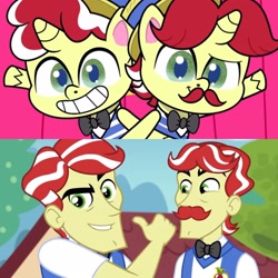Size: 2289x2289 | Tagged: safe, edit, edited screencap, imported from derpibooru, screencap, flam, flim, pony, unicorn, equestria girls, equestria girls series, holidays unwrapped, lolly-pop, my little pony: pony life, spoiler:eqg series (season 2), spoiler:pony life s02e19, comic, duo, duo male, flim flam brothers, g4.5, grin, gritted teeth, high res, male, pony life, pony life interpretation, same energy, screencap comic, smiling, teeth, the cider louse fools