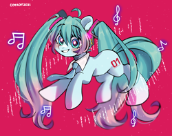 Size: 2464x1937 | Tagged: safe, artist:cottonsweets, imported from derpibooru, kotobukiya, earth pony, pony, anime, hatsune miku, headphones, kotobukiya hatsune miku pony, necktie, ponified, solo, vocaloid