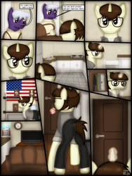Size: 1750x2333 | Tagged: safe, artist:99999999000, imported from derpibooru, oc, oc only, oc:cwe, oc:firearm king, earth pony, pony, unicorn, comic:visit, american flag, clock, clothes, comic, couch, door, family photo, kitchen, living room, male, soda, television