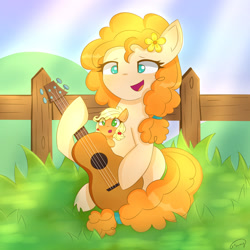 Size: 1280x1280 | Tagged: safe, artist:sunnyroop23, imported from derpibooru, applejack, pear butter, earth pony, pony, cute, female, fence, filly, filly applejack, foal, guitar, jackabetes, mare, musical instrument, open mouth, pearabetes, playing instrument, singing, younger
