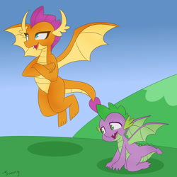 Size: 1600x1600 | Tagged: safe, artist:sunnyroop23, imported from derpibooru, smolder, spike, dragon, female, floating, flying, male, sweat, sweatdrop, winged spike, wings