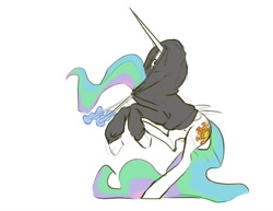 Size: 1211x933 | Tagged: safe, artist:nadnerbd, imported from derpibooru, princess celestia, alicorn, pony, clothes, cute, cutelestia, drawstrings, female, folded wings, hoodie, implied princess luna, long tail, magic, majestic as fuck, mare, raised hooves, raised leg, sillestia, silly, silly pony, simple background, sitting, sketch, slim, solo, standing, standing on one leg, stuck, tail, telekinesis, wardrobe malfunction, white background, wings