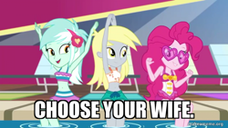 Size: 800x450 | Tagged: safe, edit, edited screencap, imported from derpibooru, screencap, derpy hooves, lyra heartstrings, pinkie pie, equestria girls, equestria girls series, i'm on a yacht, spoiler:eqg series (season 2), caption, choose your wife, clothes, derpy's beach shorts swimsuit, image macro, lyra's beach shorts swimsuit, makeameme.org, pinkie pie's beach shorts swimsuit, swimsuit, swimsuit derpy, swimsuit lyra heartstrings, swimsuit pinkie pie, text