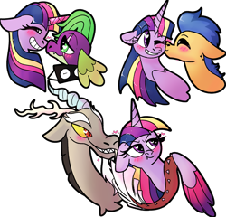 Size: 2245x2154 | Tagged: safe, artist:northernlightsone, imported from derpibooru, discord, flash sentry, spike, twilight sparkle, alicorn, pegasus, pony, alternate hairstyle, alternate universe, artificial horn, blushing, boop, broken horn, bust, cheek kiss, collar, crystal horn, discolight, eye scar, female, flashlight, floppy ears, grin, heart, heart eyes, high res, horn, kiss on the cheek, kissing, male, mare, noseboop, one eye closed, prosthetic horn, prosthetics, scar, shipping, simple background, smiling, spiked collar, stallion, straight, transparent background, tsundere, tsunlight sparkle, twilight sparkle (alicorn), twilight sparkle gets all the stallions, twispike, wingding eyes, wink