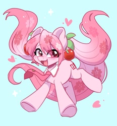 Size: 1456x1571 | Tagged: safe, artist:colorfulcolor233, artist:oofycolorful, imported from derpibooru, kotobukiya, earth pony, pony, anime, blue background, blushing, cherry, cherry blossoms, chest fluff, crossover, cute, female, flower, flower blossom, food, hatsune miku, heart, heart eyes, kotobukiya hatsune miku pony, mare, necktie, open mouth, ponified, sakura miku, simple background, smiling, solo, vocaloid, wingding eyes