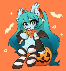 Size: 1456x1571 | Tagged: safe, artist:colorfulcolor233, artist:oofycolorful, imported from derpibooru, kotobukiya, bat, bat pony, pony, anime, bat wings, blushing, bow, bowtie, candy, candy cane, clothes, crossover, cute, fangs, food, halloween, halloween miku, hatsune miku, holiday, jack-o-lantern, kotobukiya hatsune miku pony, licking, orange background, ponified, pumpkin, simple background, socks, solo, striped socks, tongue out, vocaloid, wings