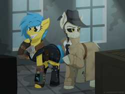 Size: 1600x1200 | Tagged: safe, artist:willoillo, imported from derpibooru, oc, earth pony, pony, robot, robot pony, fallout equestria, clothes, commission, duo, earth pony oc, fallout, fallout 4, hat, male, necktie, nick valentine, pipbuck, synth