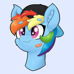 Size: 4000x4000 | Tagged: safe, artist:yelowcrom, imported from derpibooru, rainbow dash, pegasus, pony, backwards ballcap, bandage, bandaid, baseball cap, beanbrows, bust, cap, cheek fluff, cute, ear fluff, eyebrows, eyebrows visible through hair, female, hat, head only, mare, simple background, solo