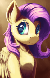 Size: 1800x2800 | Tagged: safe, artist:ravistdash, imported from derpibooru, fluttershy, pegasus, pony, bust, cute, female, fluffy, high res, looking at something, mare, portrait, shyabetes, simple background, sitting, smiling, solo, wallpaper, wings