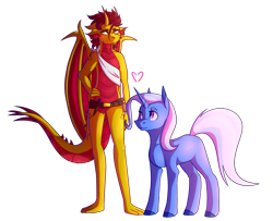 Size: 1280x1039 | Tagged: safe, artist:king-victor, imported from derpibooru, trixie, oc, dragon, pony, unicorn, belt, canon x oc, floating heart, heart, interspecies, knife, sash