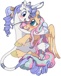 Size: 1280x1579 | Tagged: safe, artist:universalheart, imported from derpibooru, fluttershy, rarity, classical unicorn, pegasus, unicorn, blushing, cloven hooves, female, flarity, horn, horn ring, hug, jewelry, leonine tail, lesbian, mare, ring, shipping, simple background, tail, tail ring, transparent background, unshorn fetlocks