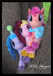 Size: 1230x1754 | Tagged: safe, artist:peruserofpieces, imported from derpibooru, izzy moonbow, pipp petals, sunny starscout, earth pony, pegasus, pony, unicorn, bag, ball, beanie (plushie), female, females only, g5, irl, irl photo, izzy's tennis ball, looking at you, mare, photo, plushie, satchel, smiling, smiling at you, tennis ball, tree, trio, trio female